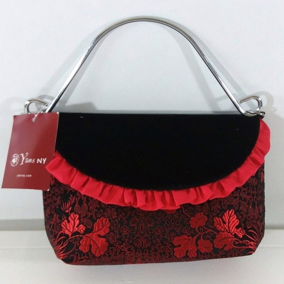 Yans NY Handbags - Yans NY Red & Black Velvet Floral Print Clutch